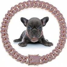 1pc Bling Rhinestone Embellished Cuban Link Pet Dog Necklace, 12mm Wide Rose Gold Chain, Hip Hop Collar Accessory For Small/Medium/Large Cats & Dogs, Suitable For Daily Wear And Holiday Gifts - Multicolor - View 1