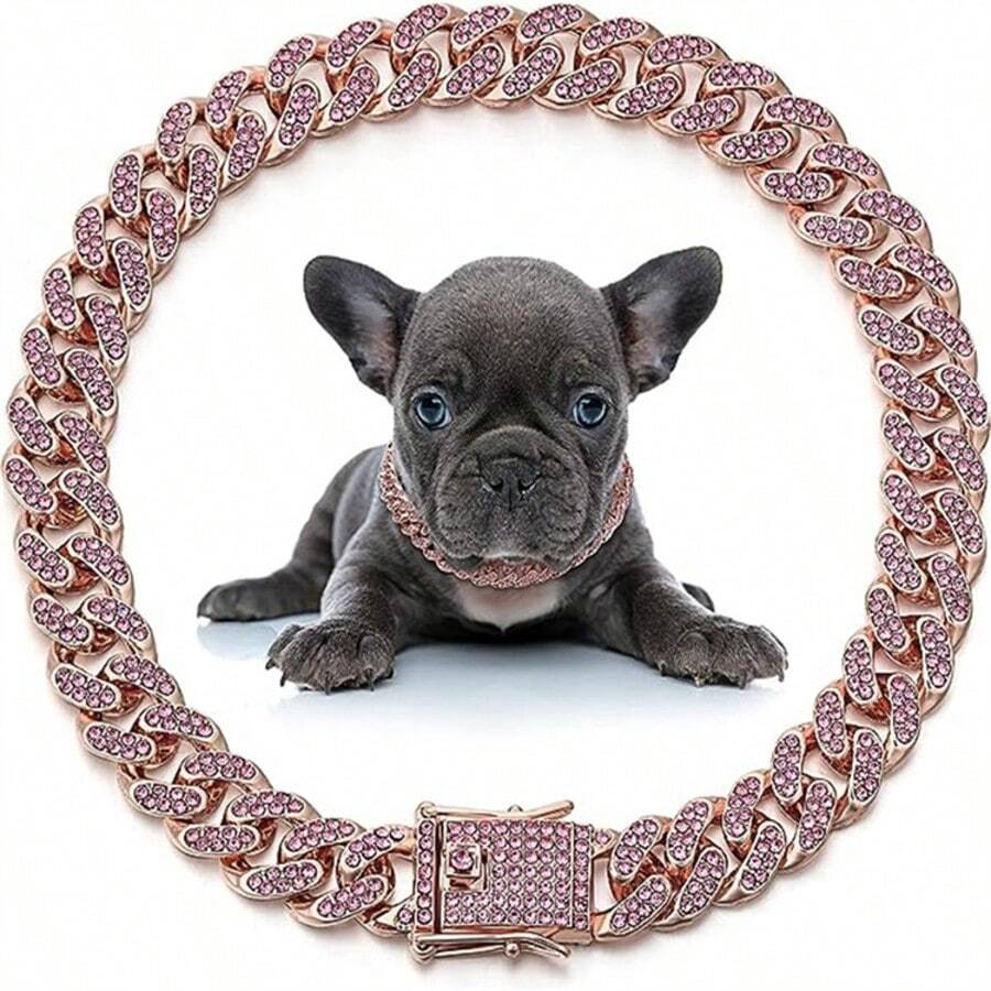 1pc Bling Rhinestone Embellished Cuban Link Pet Dog Necklace, 12mm Wide Rose Gold Chain, Hip Hop Collar Accessory For Small/Medium/Large Cats & Dogs, Suitable For Daily Wear And Holiday Gifts - Multicolor - View 1