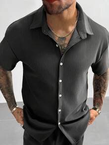 Vintage Men's Ribbed Knit Shirt, Short Sleeve Polo Collar, Solid Color Textured Shirt, Suitable For Summer Vacation, Casual And Office Wear. An Excellent Christmas And New Year Gift For Dad Or Husband. - Dark Grey - View 4