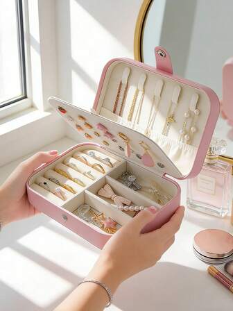 1ชิ้น กล่องเก็บเครื่องประดับหนัง PU, กล่องเครื่องประดับสำหรับเดินทางพร้อมตัวล็อคแบบ Snap, กล่องสะสมเครื่องประดับสำหรับแหวน, จี้, ต่างหู, สร้อยคอ