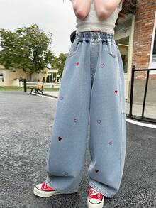 Girls  Stuff - Baggy Jeans With Red Heart Embroidery, Kpop Style Girls Jeans, Perfect Kids Clothes Girls & Christmas Teen Girl Gifts - 藍色 - 查看 5