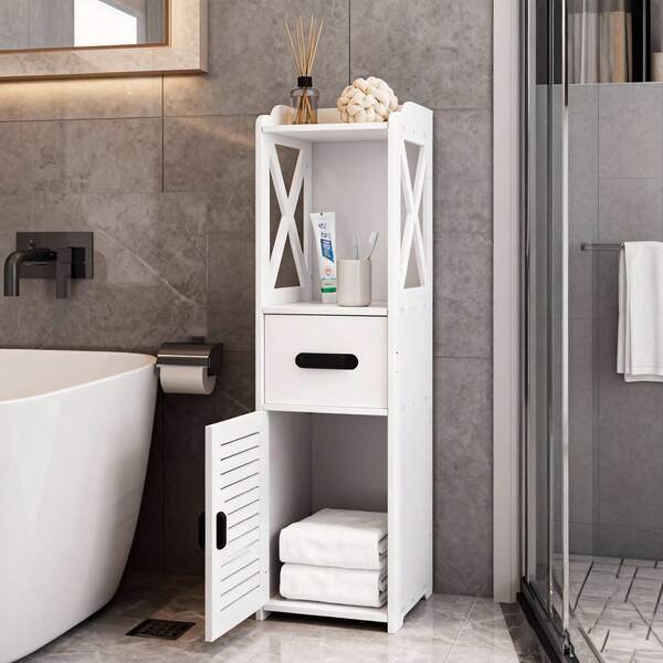 LMstarz Mobile da bagno indipendente ultrasottile con cassetto portarotolo e organizer, mobile contenitore per camera da letto, bianco 18x20x80 cm