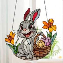 Decoración colgante de ventana de vidrio esmerilado con conejo de Pascua, arte de pared acrílico, tema religioso vintage, placa decorativa de uso múltiple para interiores/exteriores con canasta de flores y huevos, regalo ideal para amigos y mujeres, adecuado para el hogar, oficina, dormitorio, sala de estar