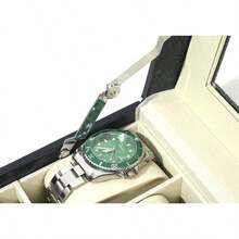 Caja de almacenamiento para relojes de 6 compartimentos de cuero sintético negro, caja organizadora para relojes con espejo, caja portátil para joyas - Negro - Ver 10