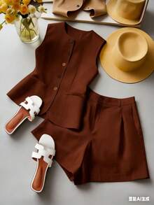 Franclia 2-Piece Set With Sleeveless Cardigan, Comfortable For Vacation, University Clothes, And More. (Image Description: "Marrante" Fabric) - Coffee Brown - View 1