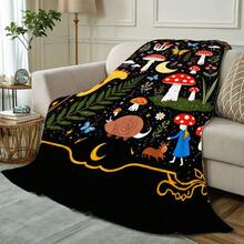 Whimsical Fairy Tale Black Blanket With Golden-Yellow Border - Illustrated Red/Yellow Mushrooms, Butterflies, Moon, Stars, Ferns, Flowers, Snail, Dog & Blue-Dressed Figure, Playful Magical Desi - 白色 - 查看 2