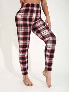 Plus Size Women's Burgundy Plaid Print Leggings, Casual Fashion Striped Elastic Skinny Pants, Minimalist Soft Comfortable Workout Pants For Indoor Exercise, Outdoor Leisure, Suitable For Spring/Summer - Wine Red and White Checkered - View 4