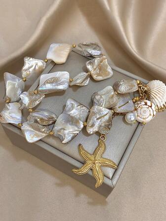 1件装粗金星吊坠项链，女士仿珍珠链项链，不锈钢材质，适合日常、派对、情人节、母亲节等场合。