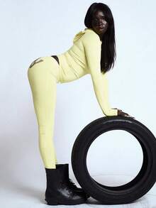 Slim-Fit Letter Print Zipper 2-Piece Set - Women's Fall Hooded Long Flare Pants Tracksuit - Màu vàng - Xem 2