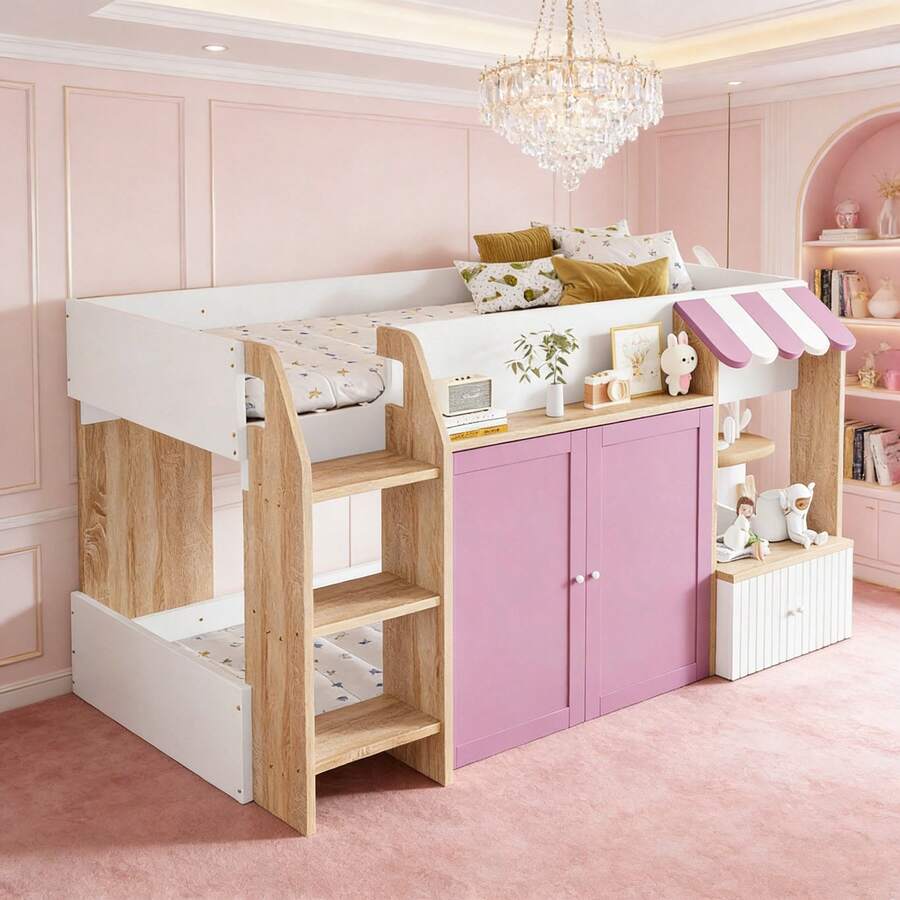 Kids Bed Frames, Headboards & Footboards - Pink+White+Wood+90cm*200cm - View 1