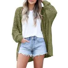Women's Crochet Cardigan Kimono Boho Solid Color Oversized Open Front Fall Outerwear - Army Green - View 4