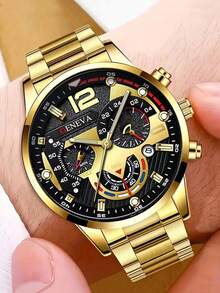 四件套简约休闲男士石英表，男士配饰石英表套装，包含四种表带款式：金色、银色、黑色皮革和棕色皮革，采用罗马数字时标和多个小表盘，展现简约优雅的风格，彰显男士的精致品味。作为一款实用腕表配饰，适合日常佩戴。