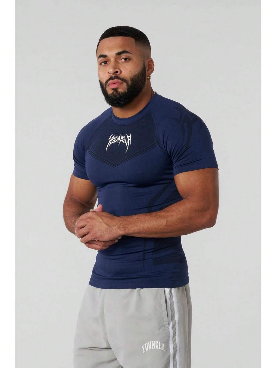 New  Men's Summer Tight T-Shirt Jogger Sports And Fitness Running Training Quick-Drying Short Sleeve - Navy Blue - View 1
