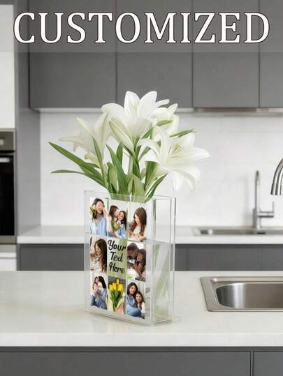 Vase en forme de livre en acrylique personnalisé, conçu pour les arrangements floraux, peut personnaliser le texte et les photos, vase transparent en forme de livre, convient pour la décoration de la maison, du salon, de la bibliothèque, de la chambre à coucher et du bureau. C'est un cadeau exquis pour les amateurs de livres, et aussi un choix idéal pour les hommes, les femmes, la Saint-Valentin.