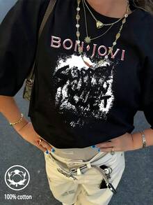 女士纯色圆领短袖宽松T恤，100%纯棉 - 充满邦乔维风格的夏季必备单品 - 黑 - 查看 3