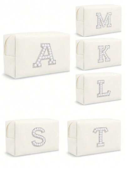 1个白色珍珠字母化妆包，拉链便携式字母化妆包，PU皮革防水旅行洗漱包，字母缩写，女士化妆包，女孩（字母A~Z），返校背包，旅行必备，海滩度假旅行收纳包，学习用品，化妆包，节日必备，化妆品收纳包，2025冬季粉色化妆品收纳