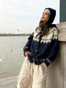 Geometric Pattern Cow Horn Button Long Sleeve Hooded Knitted Sweater Cardigan Daily Casual Cozy High Quality Tops Fashion Fall/Winter Warm Clothes For Women