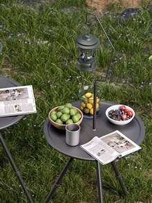 1pc Outdoor Foldable Round Table With Dual Layers, Lamp Holder, Lightweight Adjustable Height Portable Camping/Picnic Table (Note: Lamp Not Included, Only The Lamp Holder)