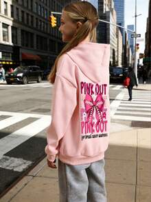 1件装少女保暖内衬蝴蝶印花粉色连帽卫衣，青少年学生服装，适合儿童秋冬季长袖上衣 - 粉色 - 查看 1