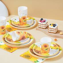 7/9 Inch Sunflower Gold Rim Disposable Plate Set, Includes Paper Plates, Cups, And Napkins, Suitable For Wedding, Engagement, Birthday Party, Wedding Reception Tableware - Multicolor - View 4