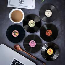 6pcs/Set Vintage Vinyl Record Design Wooden Coasters, Single-Sided Printing, Suitable For Bar, Home Party, Cafe, Office And Housewarming Gift, Home Decor, Office Supplies, Retro Style, Drink Coasters, Kitchen Accessories, Best Gift Choice, Perfect Gift For Holidays, 2D Flat, Available In 1 Set Or 31 Sets, Father's Day Gift - Black - View 4