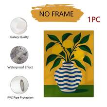 1 pieza Impresión de arte en lienzo con hojas verdes y limón amarillo sin marco - Diseño minimalista de jarrón cerámico a rayas, decoración de pared vibrante y audaz para sala de estar, dormitorio, oficina, cocina, uso interior/exterior, estética del hogar moderna, decoración de cocina con limón