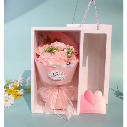 Ramo de Claveles con Lazo en Caja de Regalo Floral Romántico para Día de la Madre cumpleaños y Aniversarios Ideal Decoración del Hogar Bodas y Celebraciones. Rosa