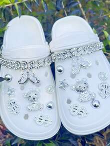 18件套DIY水钻银熊链条装饰，适用于镂空鞋、凉鞋，四季皆宜，节日礼物