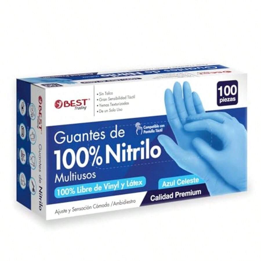 Best Trading 100 Guantes 100% Nitrilo Color Azul: Libres de Látex y Vinyl Alta Calidad Premium Tecnología Touchscreen. Comodidad y Funcionalidad en tus Manos - M - Ver 1