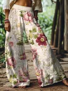 2026 Spring Summer New Arrival Bohemian Women's Pants - Light White Large Pink Flower Green Leaf High Waist Wide Leg Woven Pants - 粉色 - 查看 3