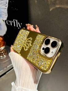 1 pieza Funda de teléfono con corona grabada con láser, con diamantes de imitación chapada en metal, compatible con iPhone 17 Pro Max, 16, 15, 14, 13, 12, 11 - Dorado - Ver 3