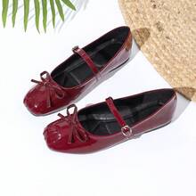新款玛丽珍鞋，法式蝴蝶结装饰，红色荷叶边皮革平底鞋 - 酒紅色 - 查看 8