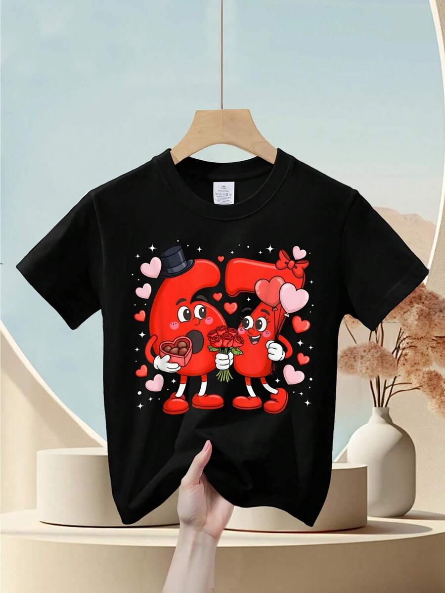 Boys' Fun Valentine's Day 67 Meme T-Shirt - Six Seven Love Number Design, Retro Casual Short Sleeved Children's Clothing, Preferred Birthday Gift, Comfortable Wearing For All Seasons (Valentine's Day Dress Up) - 黑色 - 查看 1
