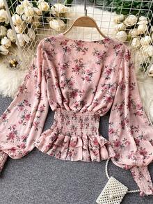2026新款设计师粉色优雅花卉印花荷叶边下摆假日时尚女式长袖夏季度假装 - 粉色 - 查看 3