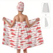1/2pcs Spring/Summer Easter Mother's Day Watermelon Striped Bathrobe Set, Women's Ultra-Soft Fiber Hair Towel & Body Wrap Set, Women's Hair Towel Wrap, Women's Bath Towel, Hair Towel, Women's Face Towel - Multicolor - View 2