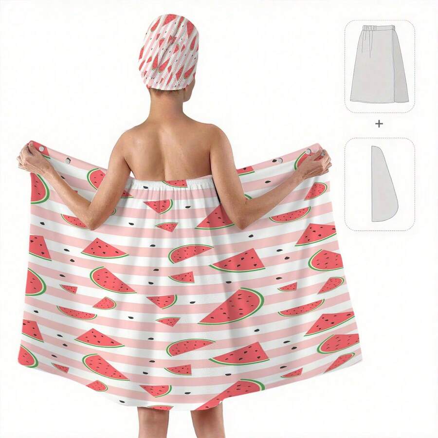 1/2pcs Spring/Summer Easter Mother's Day Watermelon Striped Bathrobe Set, Women's Ultra-Soft Fiber Hair Towel & Body Wrap Set, Women's Hair Towel Wrap, Women's Bath Towel, Hair Towel, Women's Face Towel