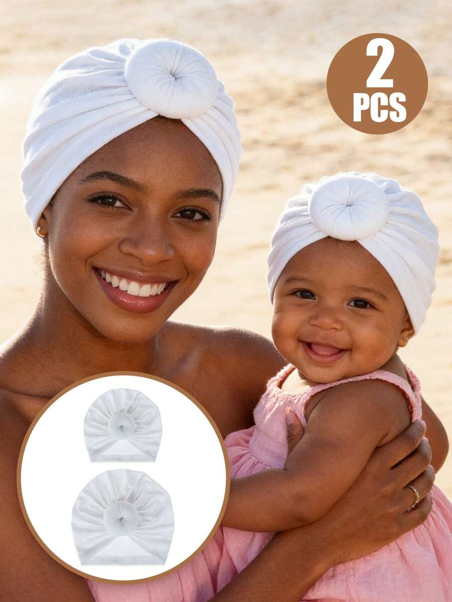 2 PCS Parent-Child Unisex Donut Knot Turban Hats - Soft Skin-Friendly Head Wraps, Stretchy Fashion Headwear For Mom & Kids - Multicolor - View 1