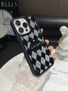 1 Peça Capa de Telefone 2 em 1 à Prova de Choque e Anti-Queda com Espelho Xadrez Preto e Strass "LUCKY" Compatível com iPhone 17 Pro Max - Prata - Visão 2