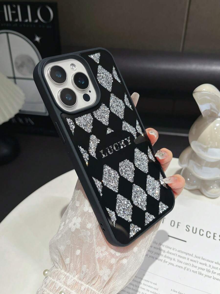 1 Peça Capa de Telefone 2 em 1 à Prova de Choque e Anti-Queda com Espelho Xadrez Preto e Strass "LUCKY" Compatível com iPhone 17 Pro Max