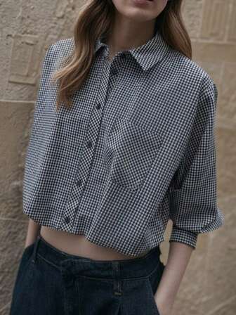 Dammode Casual Marinblå Rutig Långärmad Turndown-krage Kort Skjorta med Knäppning, Rynkad Fåll Lantern Design, Lämplig för daglig kontorspendling, Vår/Sommar Nyhet