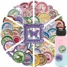 50pcs Amber Embossed Stamp Stickers, Creative PET Graffiti Stickers For DIY Phone Case, Scrapbooking, Laptop, Holiday Gifts - Multicolor - View 3