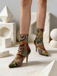 vivianly Fabric Pattern Random Unique Sexy Stretch Pointed Toe Elastic Stiletto High Heel Side Zip Ankle Boot With Random Print - Elegant Stiletto Heels Boots For Women, Autumn And Spring Boots Featuring All Over Print   Fashionable For Commuting, Valentine's Day Dating, Party Holiday Sexy Night Shoes Spring Break Easter(Each Pair May Have A Different Pattern, Bringing Different Surprises) Date Valentine's Day Gift - 不規則-B - 查看 4