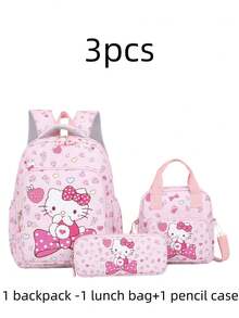 Sanrio 3件套  Melody背包，防水大容量，午餐包/笔袋，多口袋设计，可爱动漫返校必备，情人节/毕业礼物，书包