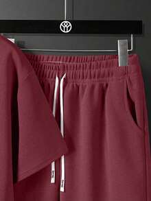 Setelan Kaos dan Celana Pendek Lengan Pendek Leher Bulat Warna Polos Bermotif, Menyerap Keringat, dan Bernapas untuk Remaja di Musim Panas - Burgundy - View 3