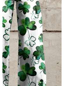 [Faux Denim Print/Imitation Faux Denim] Women'S White Wide-Leg Imitation Faux Denim With Green Clover Print - Non-Stretch Casual To Semi-Formal Trousers, All-Season Comfort, Charm Design For Everyday & St. Patrick'S Day Outfits - 黑色 - 查看 4