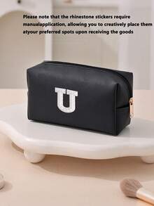 1pc Women's Octagonal Makeup Bag, Travel Organizer Bag, Bridal Makeup Bag, PU Letter Makeup Bag, Portable Chenille Letter Zipper Makeup Bag, Letter Patch PU Leather Waterproof Travel Toiletry Bag, Letter Combination Cosmetic Bag (Letter A~Z), Suitable For Autumn Home Decor - Black and White Lettering - View 10