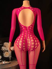 1pc Women's Sexy Lingerie Fishnet Bodystocking,Mesh Bodysuit,Hollow See-Throug Long Sleeves,Slim Bikini Cover-Up,Sexy Party Role Play Costume Valentine's Day - Rose Red - View 2