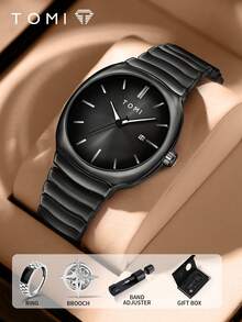 TOMI 男士腕表套装，含星形胸针和戒指，优雅圆形表盘锌合金表带石英表，礼盒包装，适合日常、商务、父亲节、情人节、圣诞节等场合。 - 黑色 - 查看 1