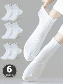 6 双女士休闲中筒袜，白色吸湿排汗舒适运动纯色袜子，秋季 - 白色 - 查看 12