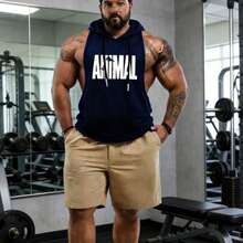 Fashionable Hooded Sleeveless Fitness Tank Top, Versatile Plus Size Men's Apparel, Stylish Printed Design Showcases Personalized - Navy Blue - View 4